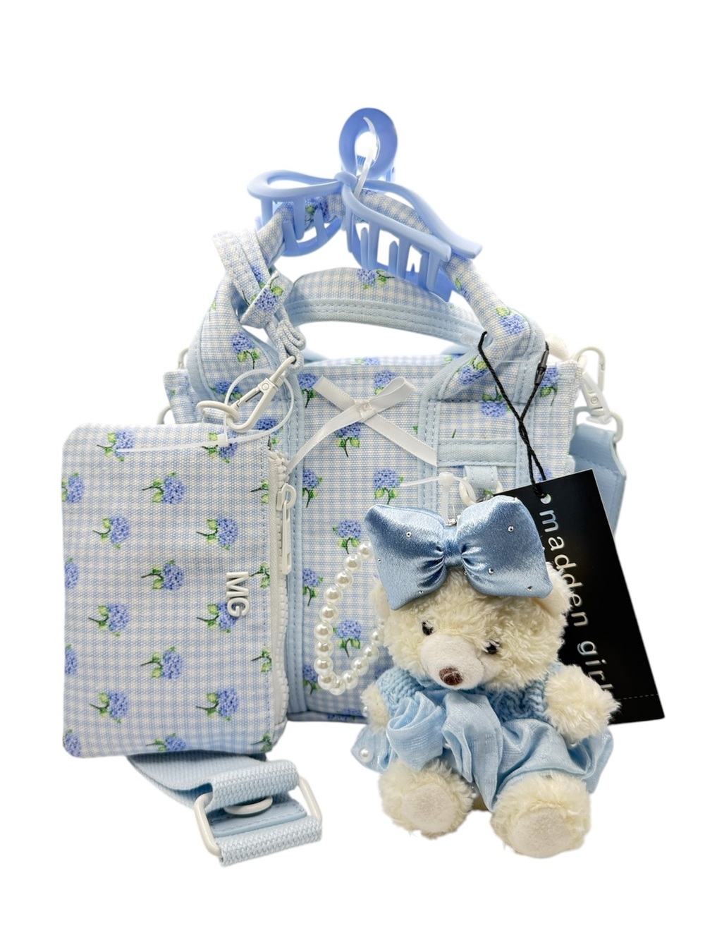 NWT Viral Madden Girl Blue Floral Gingham Mini Crossbody Bag Wallet Teddy Charm